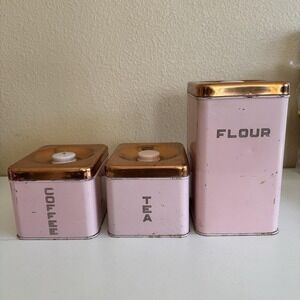 Vintage MCM Lincoln Beautyware Metal Canister Flour Tea Coffee Set Pink